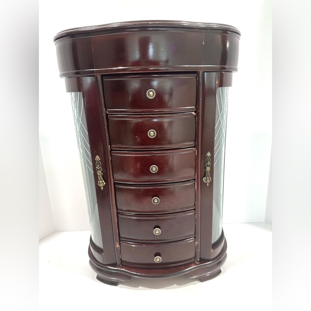 Vintage Dark Wooden 6 Drawer Etched Glass Door Mirrored Standing Jewelry Box 19”
